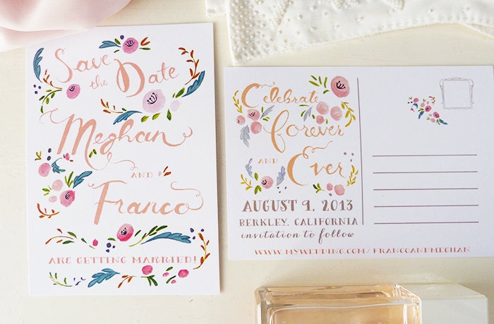Custom Save the Date Postcard - Pink, Blue and White Floral