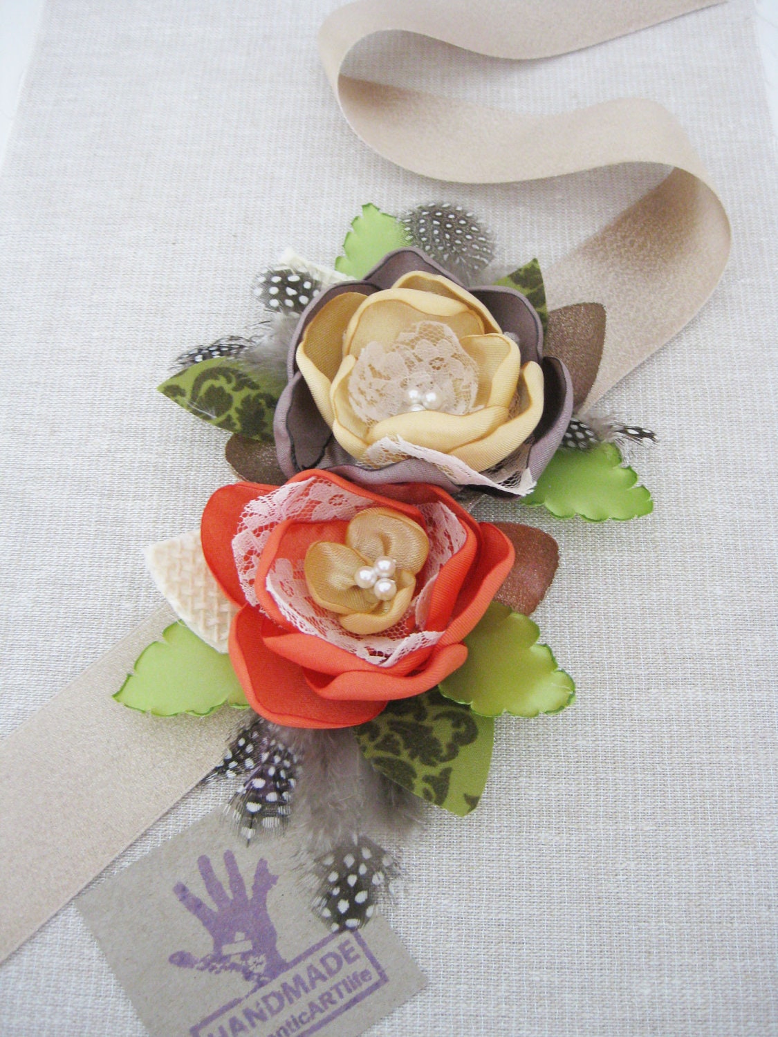 Orange Yellow Flower Sash Belt. Fall Autumn Collection. Flower Dress Sash Belt. Flower Accessory. Gold Dess Sash. Ribbon Sash.