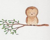 Childrens art Owl watercolour painting PRINT 8 x 10 Shy owl on his branch... so adorable Cute happy Sunny Wildlife Nature Boy Girl