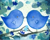 Two Blue -  Watercolor birds Original Lauren Alexander 4x6
