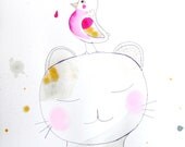 Cat Bird Portrait Original Painting Gouache Watercolor Pen Ink Drawing Contemporary Art Wall Art Pink Grey Home Decor Animal Rain