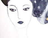 Woman Portrait Original Painting Watercolor Ink Drawing Contemporary Art Face Girl Flowers Grey Decor Wall Art Portrait Watercolor