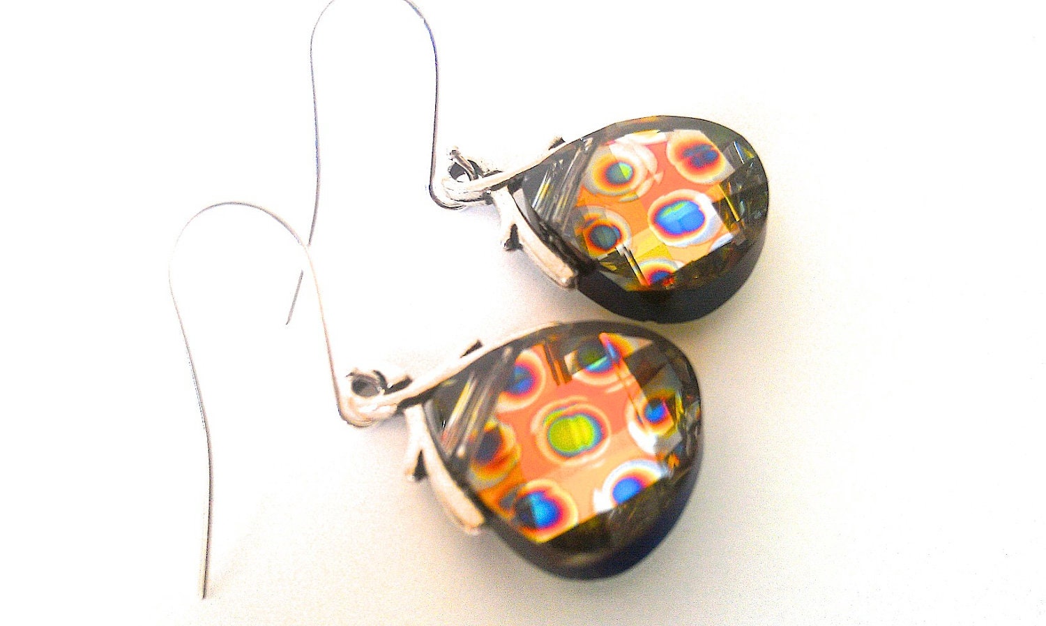 Peacock Earrings, Swarovksi Earrings, Crystal Earrings, Peacock, Briolettes, Dangle Earrings, Antique Silver, Blue, Green, Orange