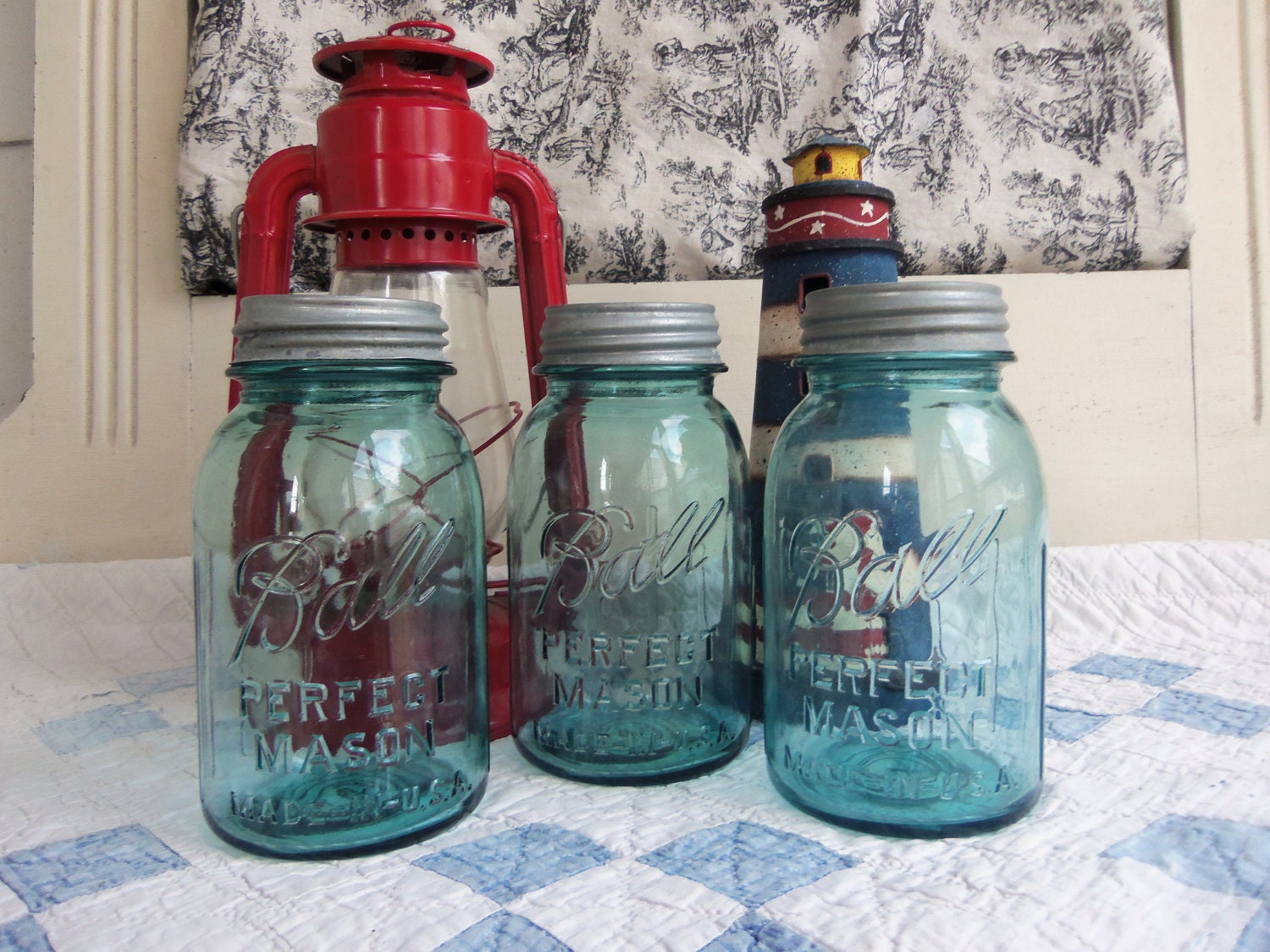 3 Vintage Aqua Blue Ball Perfect Mason Jars with Gripper Ribs with Zinc Lids