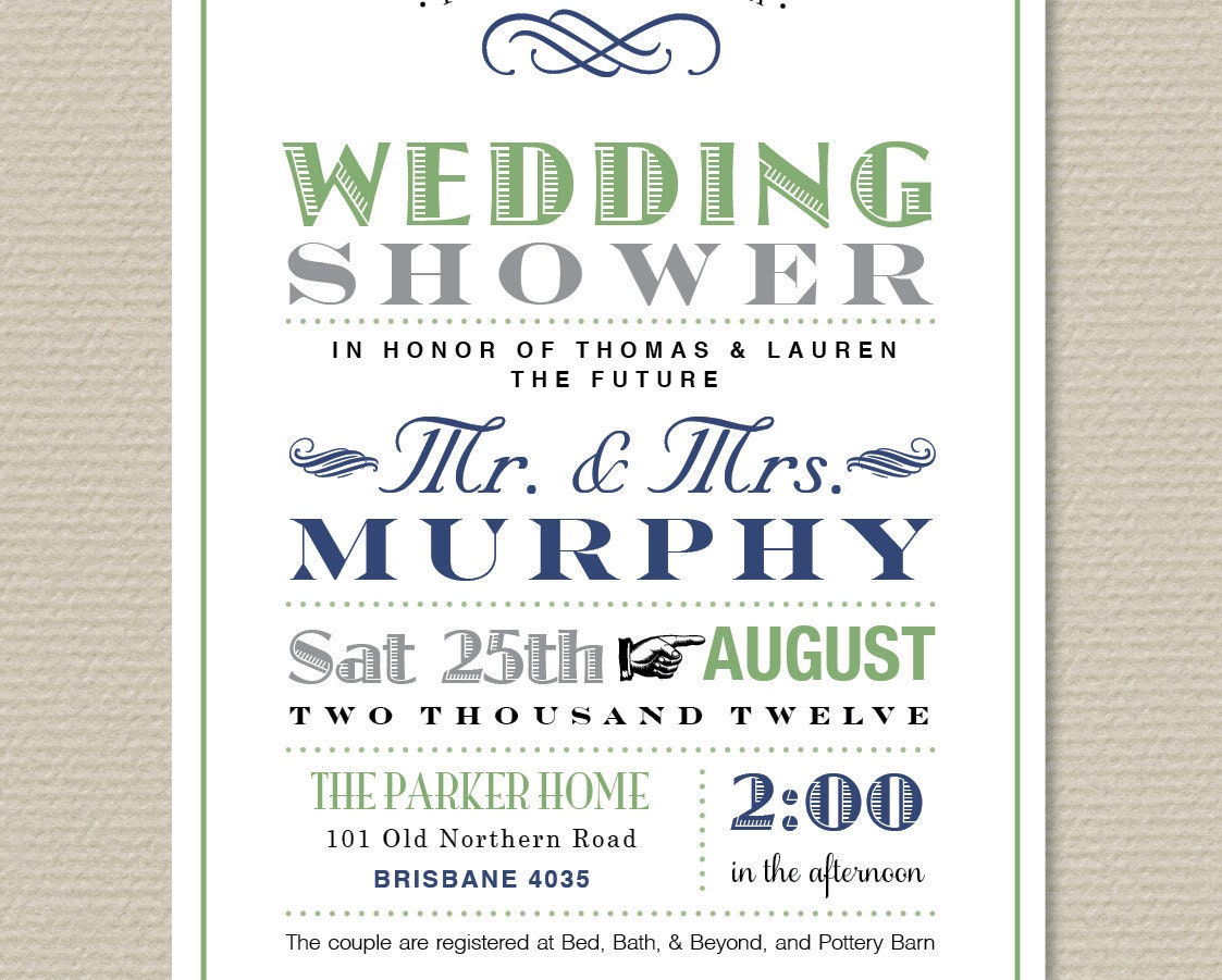 Printable Couples/Wedding Shower Invitation - Poster design in Green & Navy (BR47)