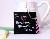 Hipster Jewelry Chalkboard Necklace with Pink and Purple Striped Necktie, Chalkboard Jewelry Neck Tie Charm Long Necklace
