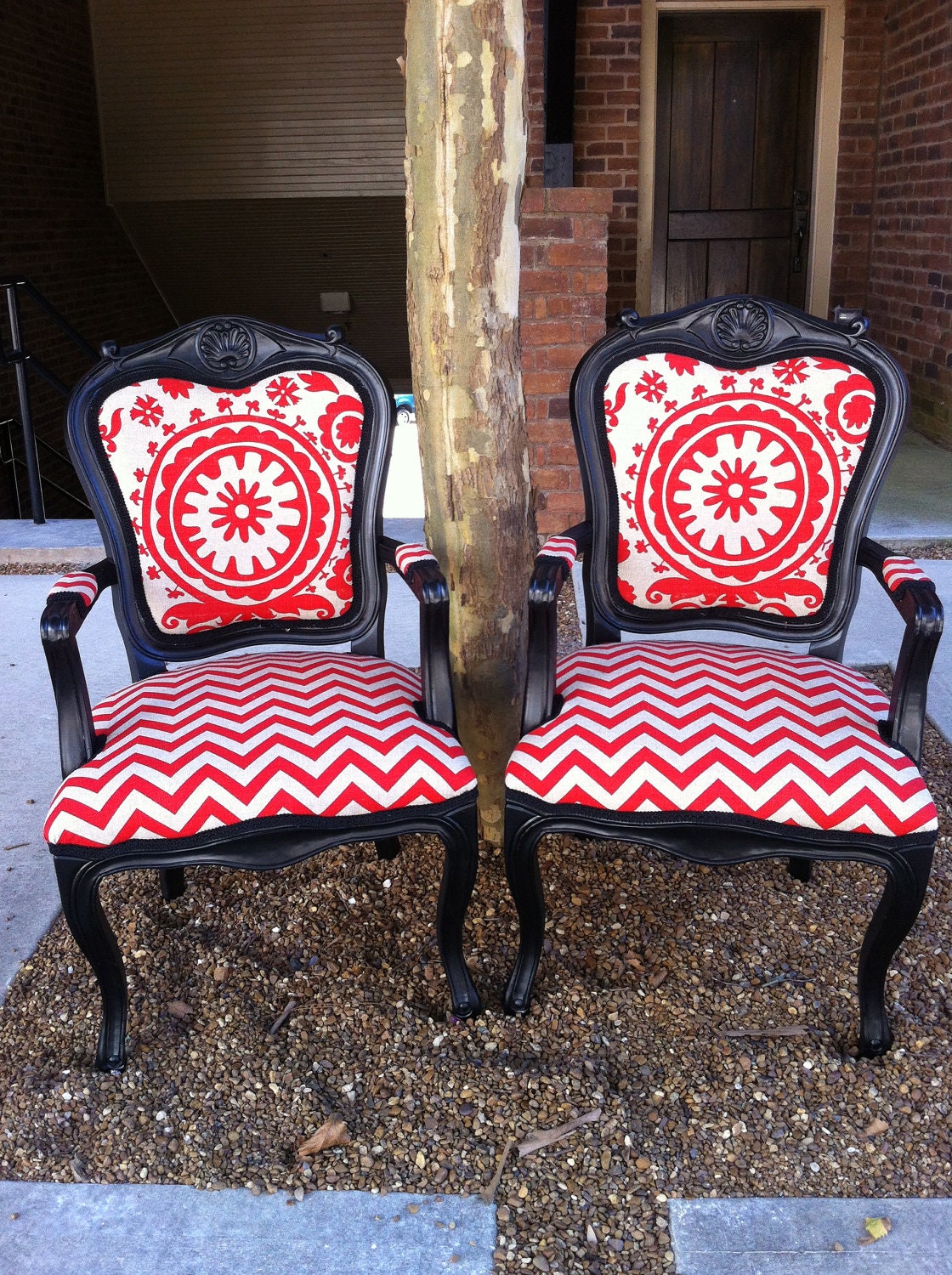 Pair of Arm Chairs Suzani and Chevron Red fabric French Louis XVI XV xvii Custom Chair Ikat Upholstered Dining Chaits