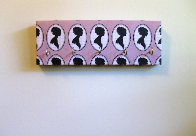 Jewelry Holder and Key Rack  - "Hers" - Pink and Black, silhouette portrait, feminine, woman, classy, pink, black, white (5 silver hooks)