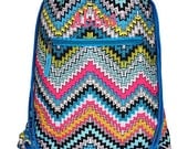 Drawstring Backpack Cinch Sack Bookbag Camp Bag Gym Blue Chevron Girls Monogrammed Personalized Tote