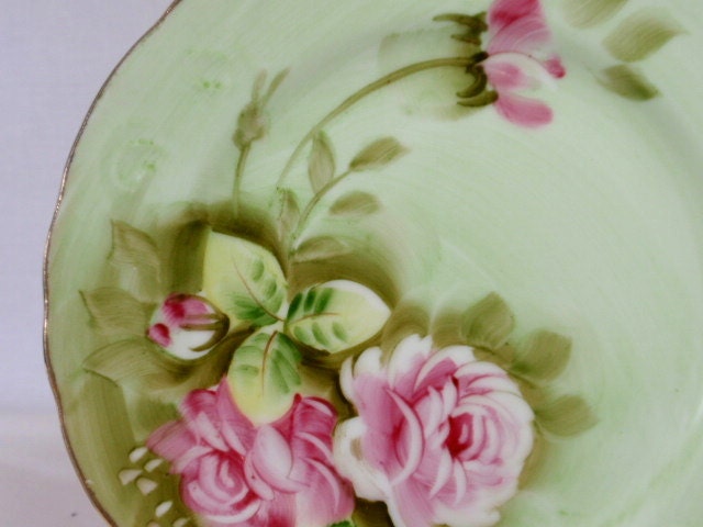 Vintage Plate LEFTON CHINA Heritage Green Handpainted Pink Roses Mid Century Cottage