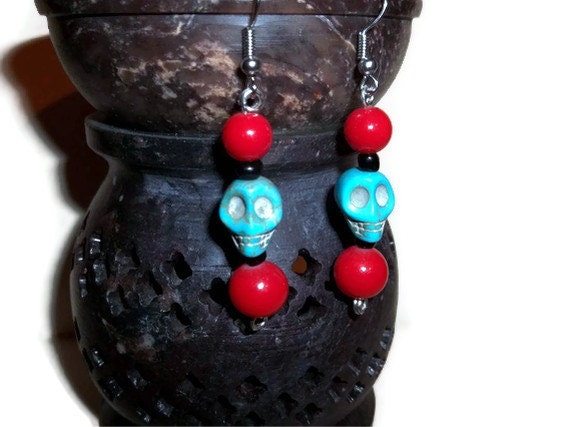 Turquoise Skull Dangles, Red & Turquoise Earrings, Day of the Dead Jewelry, Halloween Jewelry, Christmas gifts, stocking stuffers