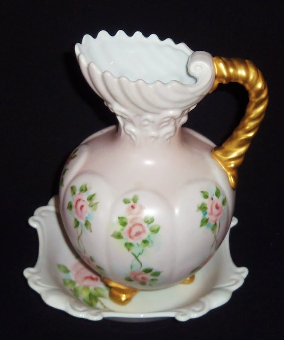 Antique Bowl & Pitcher, Antique Vase, Ceramic Vase, Ceramic Bowl and Pitcher, Pink and White Vase, Vintage, Home Decor, Floral Pitcher,