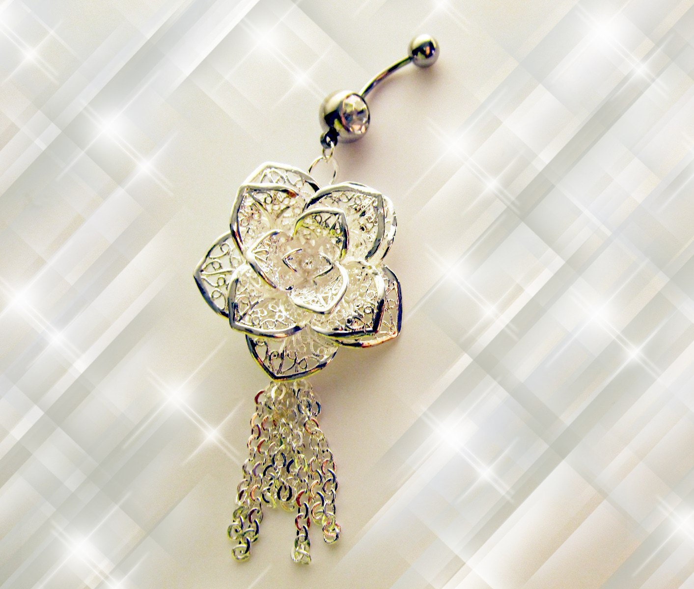 SALE---Belly Ring, 925 Sterling Silver Shimmery Rose and Dangling Chain, Belly Button Jewelry, for Her