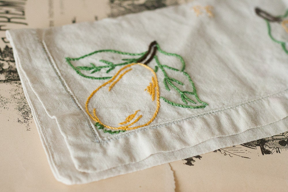 Vintage Linen Pouch with Hand Embroidered Pears and Initials FF - Stocking Stuffer - Gift under 10 dollars