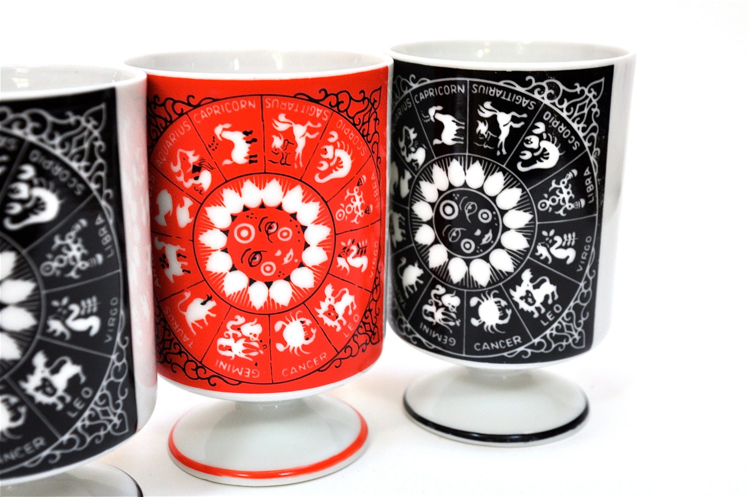 Four Zodiac 1970's Footed Porcelain Mugs Japan
