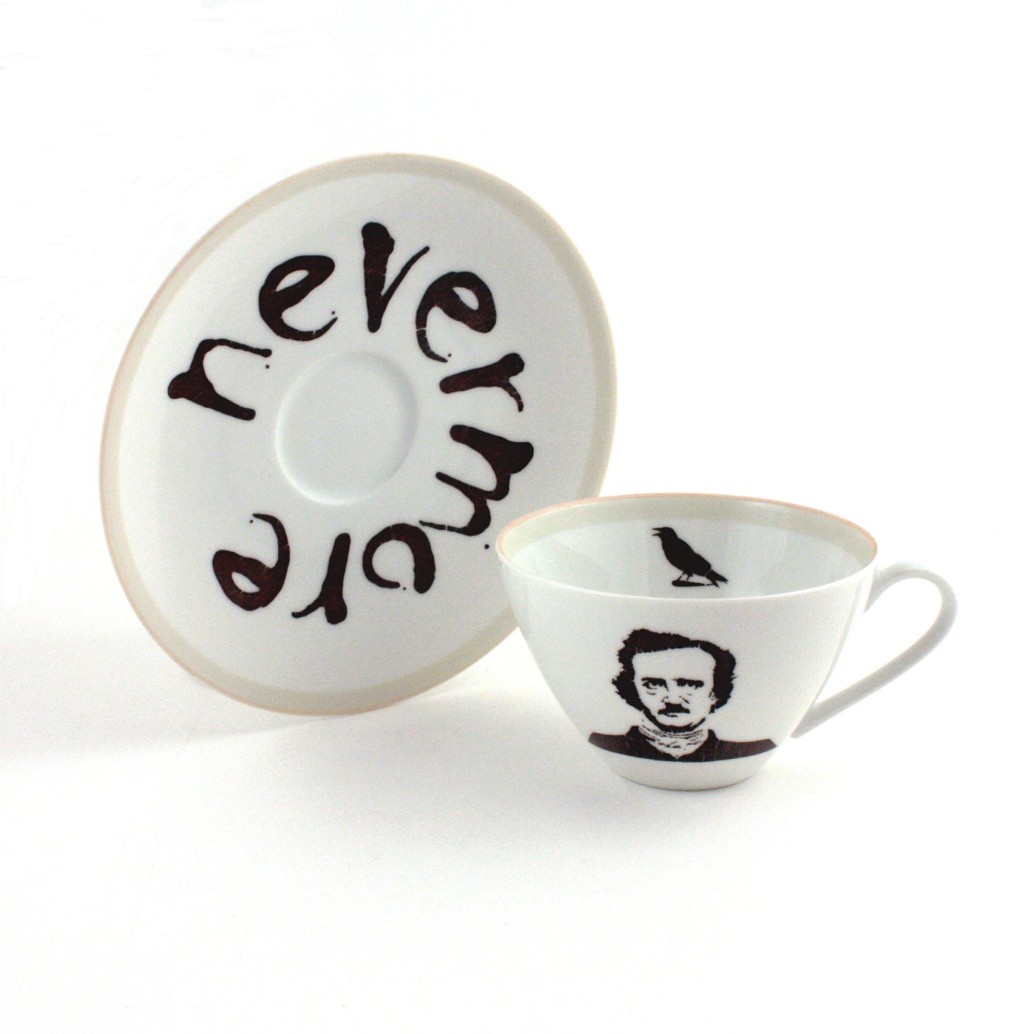 Altered Edgar Allan PoeTea or Coffee Cup with Saucer Vintage Porcelain The Raven Nevermore Poem White Brown Literature