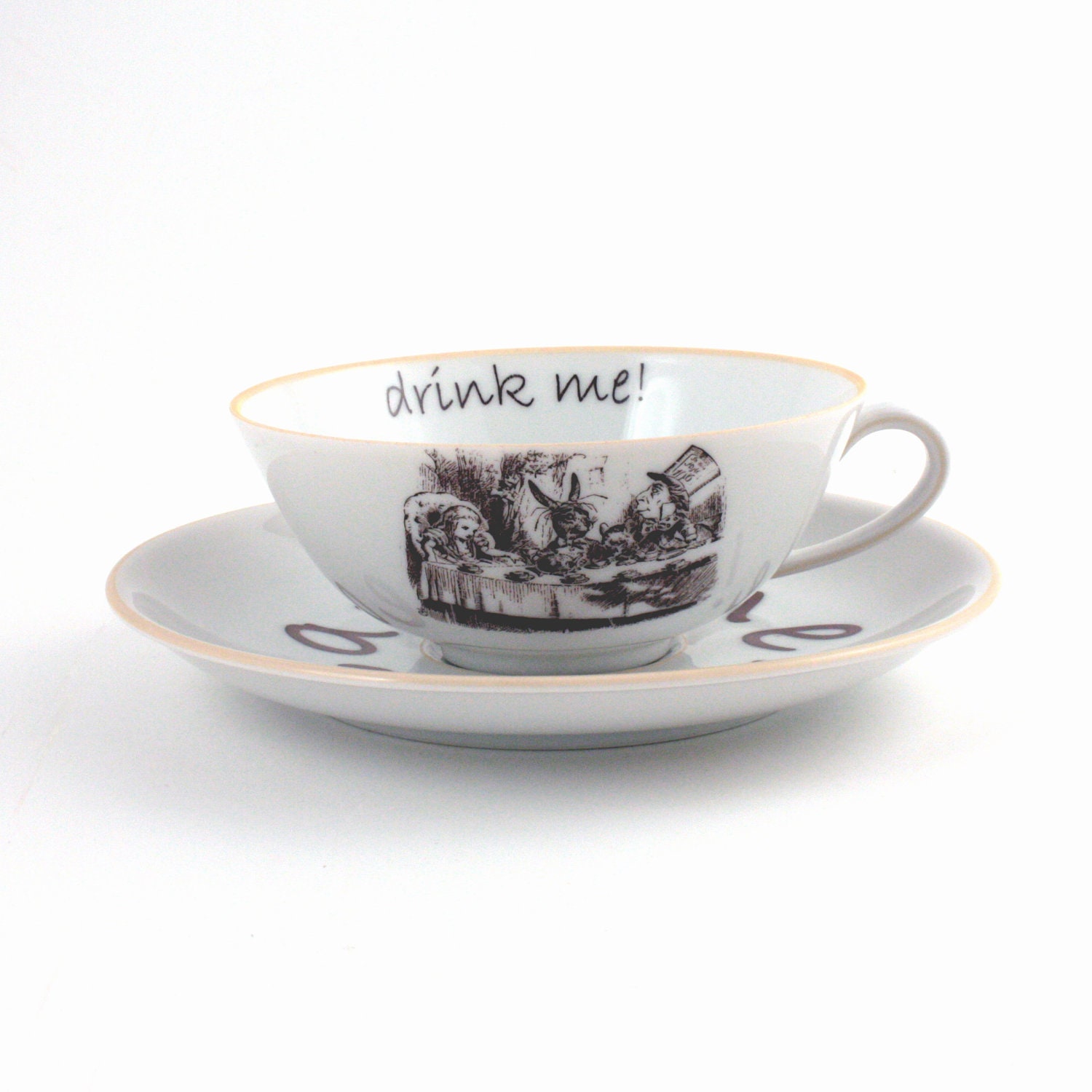 Altered Alice in Wonderland on Vintage Tea or Coffee Cup with Saucer Porcelain Tea Party White Brown Romantic