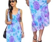 HOLA VINTAGE 90s Floral Sun Dress - Boho Gypsy Grunge Flowers Mesh Dress - Summer Festival Dress - Sleeveless Maxi -  Tie Dyed Mesh Dress