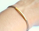 Gold bar bracelet, cord bracelet, gold tube bar, brown cord. elegant bracelet. brown stack bracelet, gift for her, minimalist jewelry