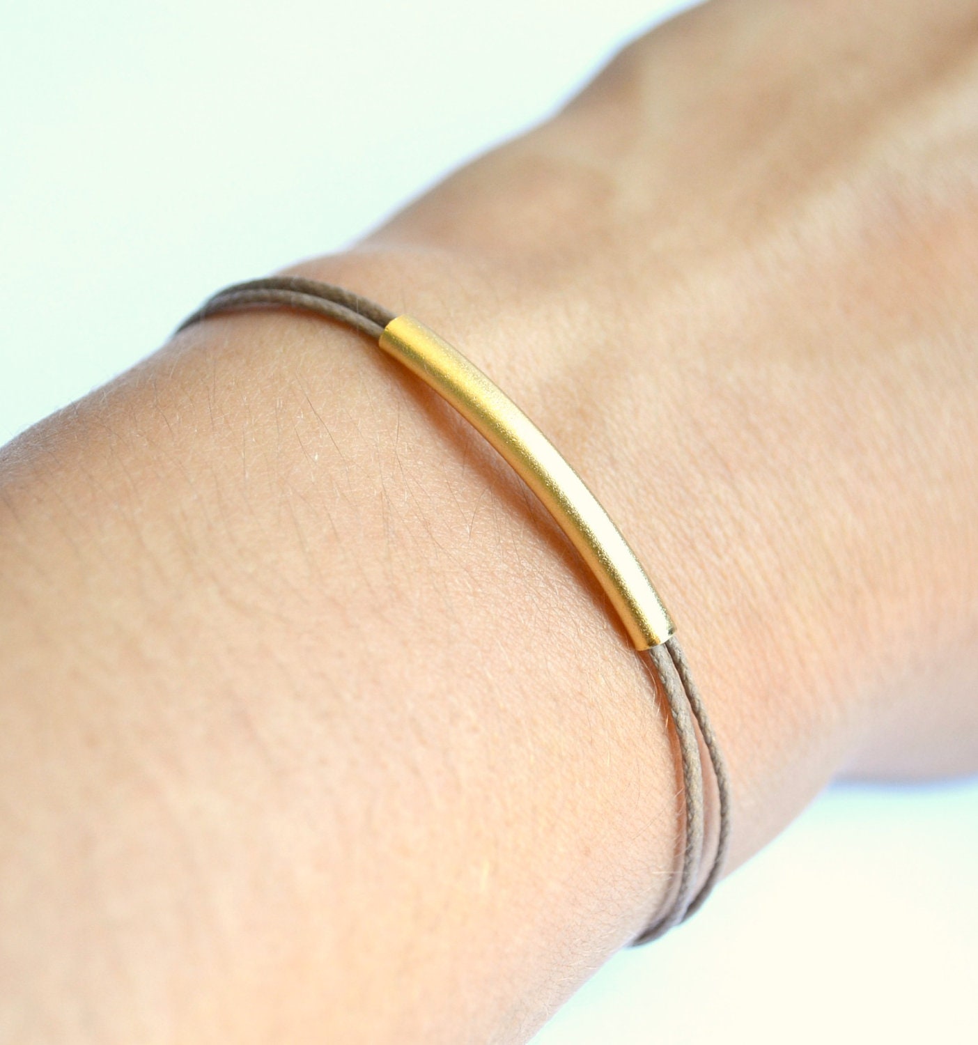 Gold bar bracelet, cord bracelet, gold tube bar, brown cord. elegant bracelet. brown stack bracelet, gift for her, minimalist jewelry
