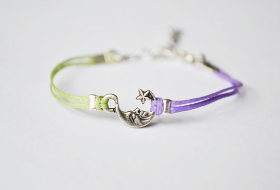 Children's moon bracelet- silver plated moon charm bracelet for kids with purple and green cords. Kids jewelry, gift for children