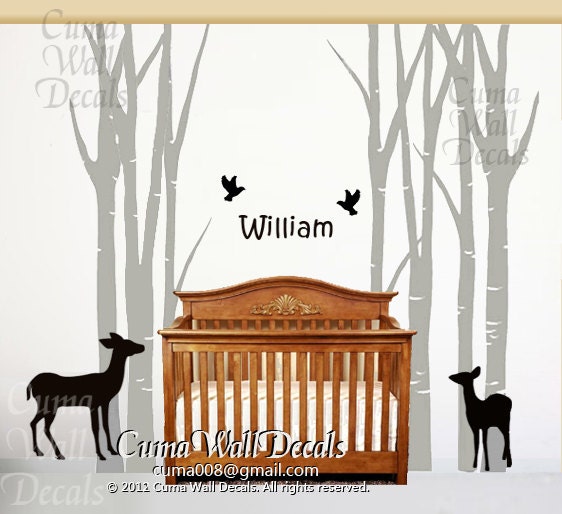 Nursery wall decals tree wall decals birds wall sticker baby name children vinyl wall decals animal - 7tree birds deers Z138 Cuma