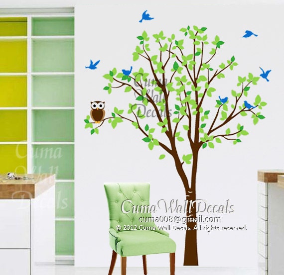 Tree wall decal owl children Nature Green Tree Wall mural Nursery wall decal wall sticker vinyl mural- tree owl butterfly Z142 Cuma
