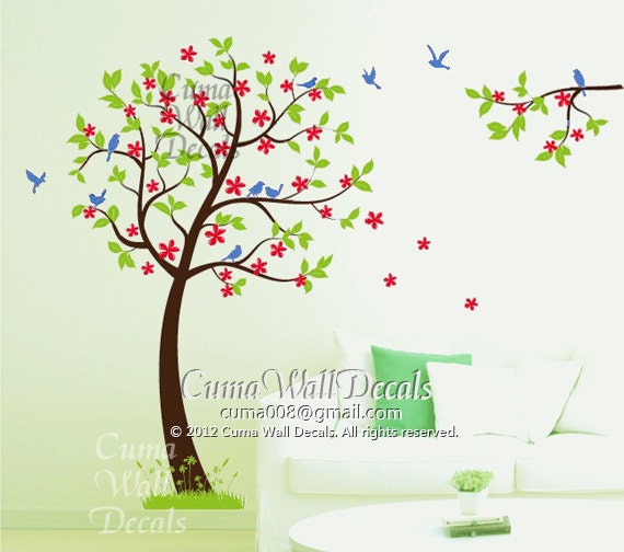 Vinyl wall decals tree wall decals green tree red flower blue birds in spring nature wall dcals wall murals Nursery wall decals Z141 cuma