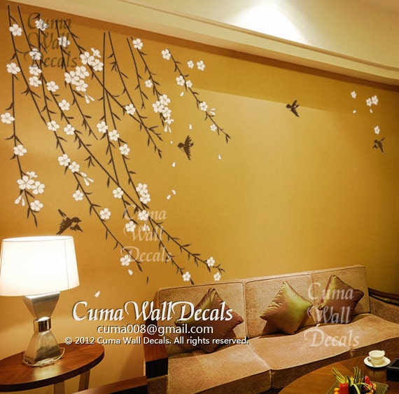 cherry blossom wall decal birds nursery wall decals tree vinyl wall decals decal children wall sticker- vine white flower birds Z151 by cuma