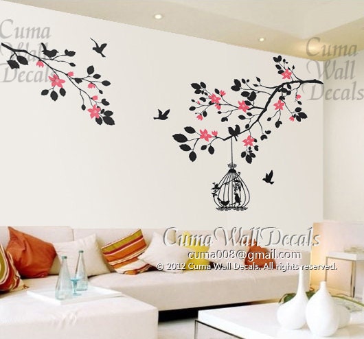 wall decal tree whildren wall decals nursery wall art- branch cherry blossom birdcage birds Z110 CUMA