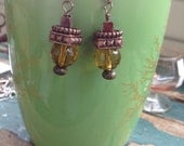 Steampunk Earrings, Amber Glass and Copper Beaded Earrings
