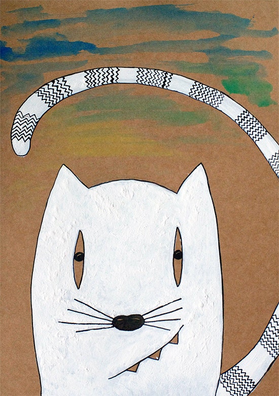 Original painting White Cat ink and acrylic art. Animal Kitty Smile illustration for nursery decor "Secret" A4 size 12x8 gift for cat lover