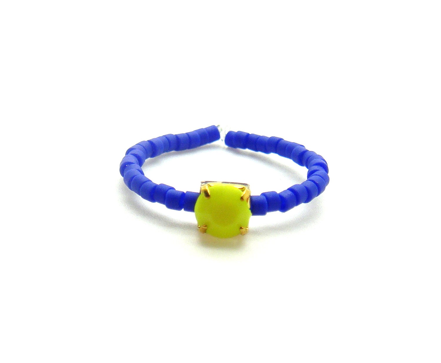 Cobalt Blue Beaded RING w/ Neon Yellow Rhinestone - Friendship Ring