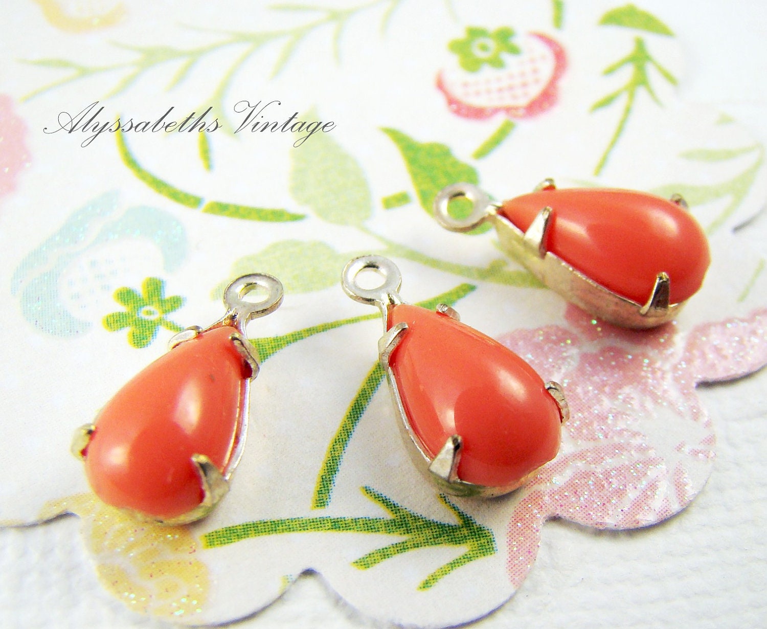 Retro Coral Orange 10x6mm Teardrop Glass Rhinestones Jewels in Silver Tone Settings (6)