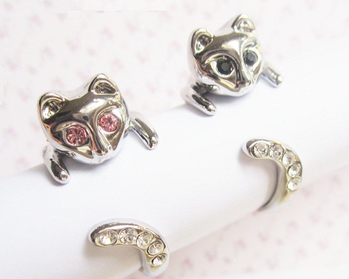 SALE - 3 Kitty Rings Buy 2 get 1 Free - Beautiful Cat Rings with pink/black//white crystals.Cat - cat lover - cats - kitty ring - kitten