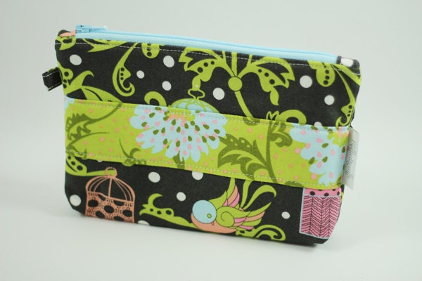 Zippered Pouch - Lime and Grey Bird Cages