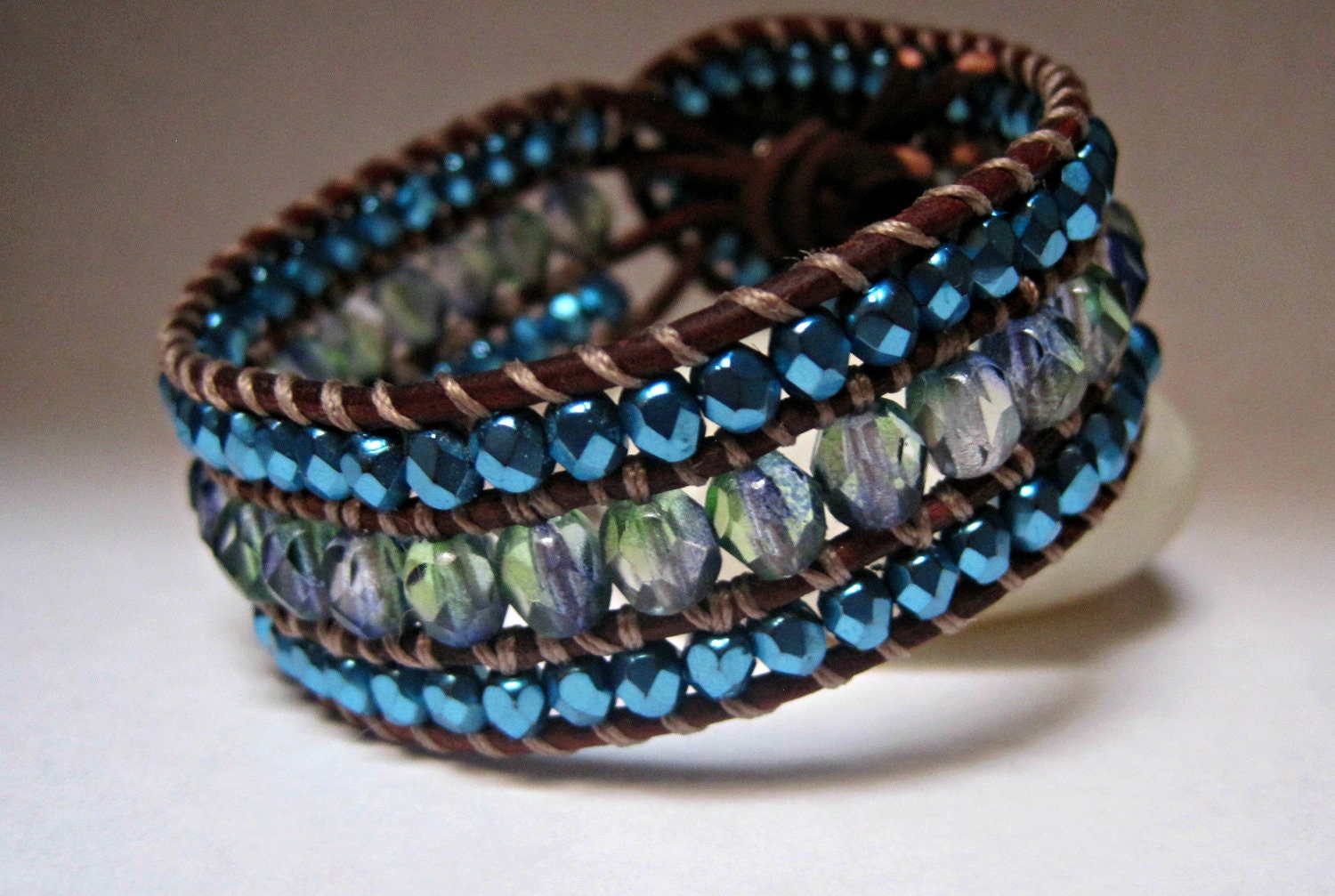 Beaded Leather Cuff, Triple Row Beaded, Blue Green Turquoise Sparkle, Boho Chic, Earthy