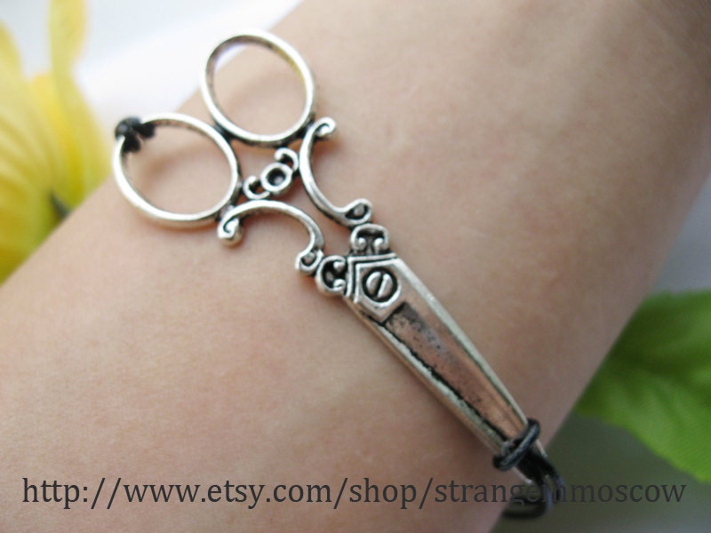 Bracelet-Antique silver scissors bracelet,real leather bracelet-B035