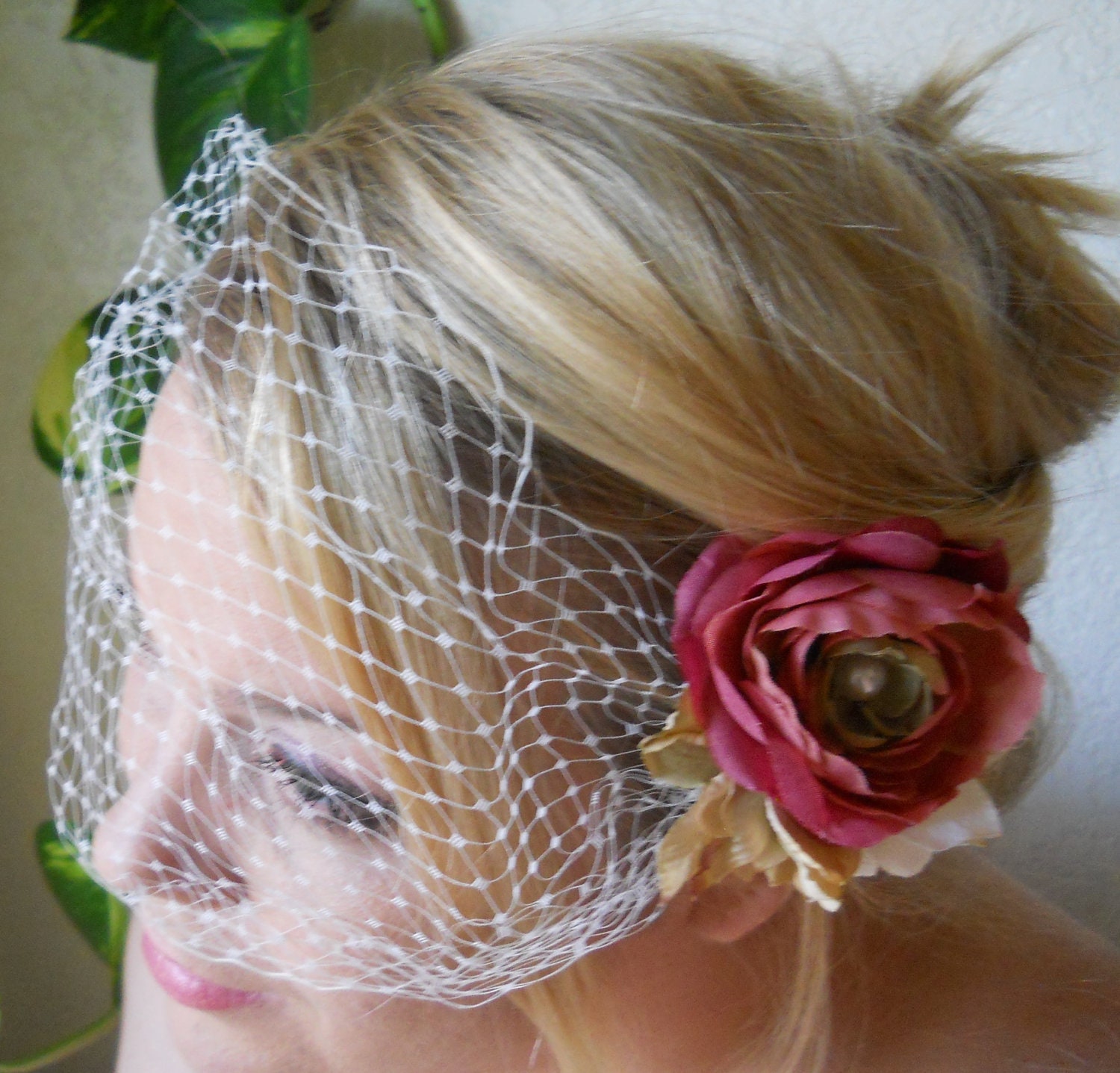 Grace - Ranunculus Beige Ivory Rose Floral Clip w/ Face Birdcage Bandeau Veil Wedding Bride Bridesmaids by Leelee Bridal on Etsy