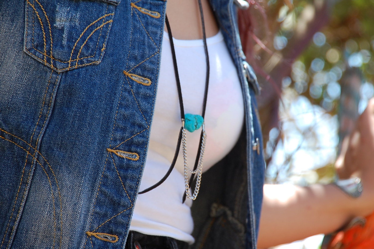 Two Chained Black Leather & Turquoise Necklace