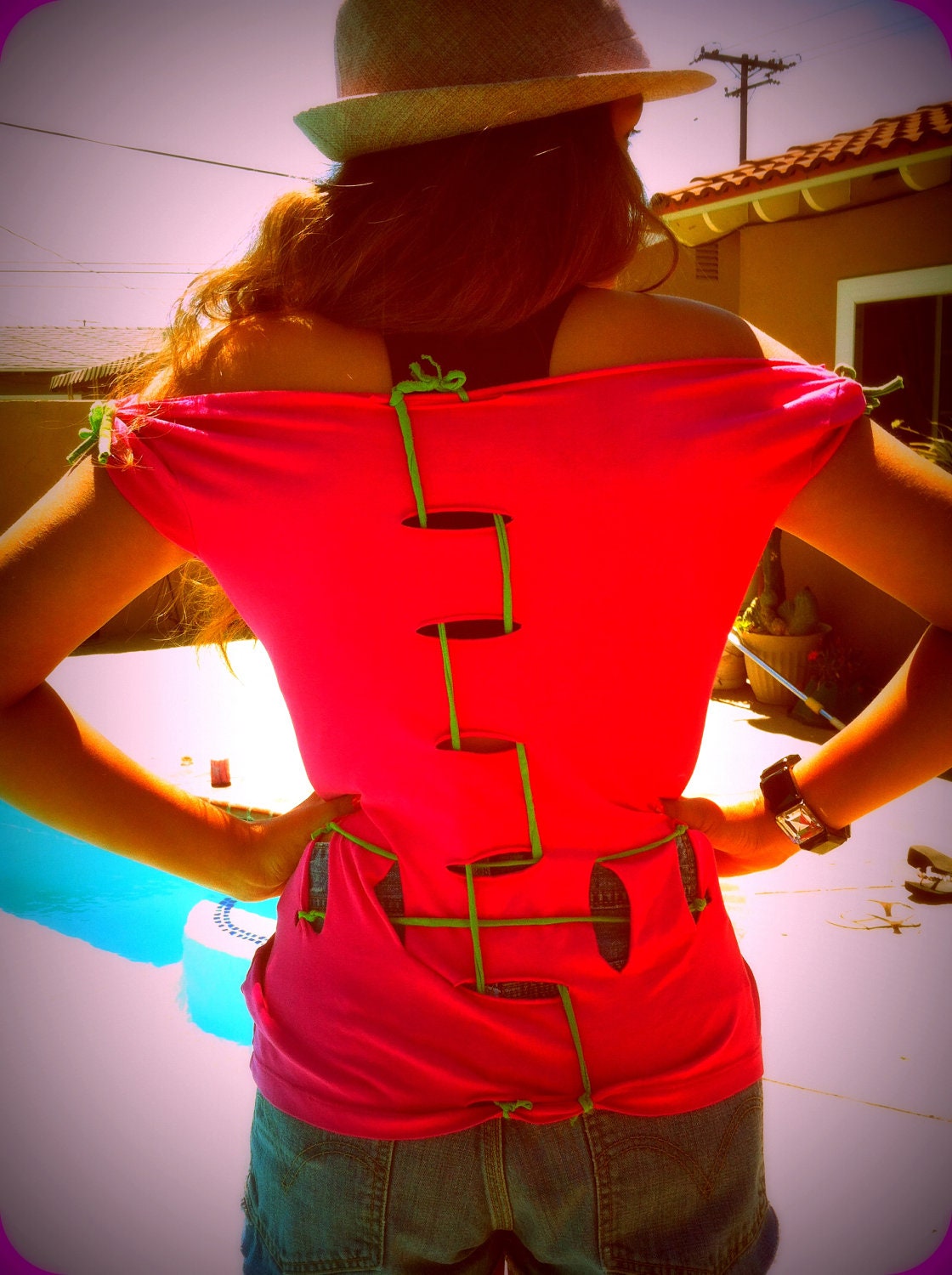 Hot Pink and Neon Green Bows on Sleeves Off the Shoulder Size Smalll to Medium Stretchy Tshirt Top Blouse 80s style