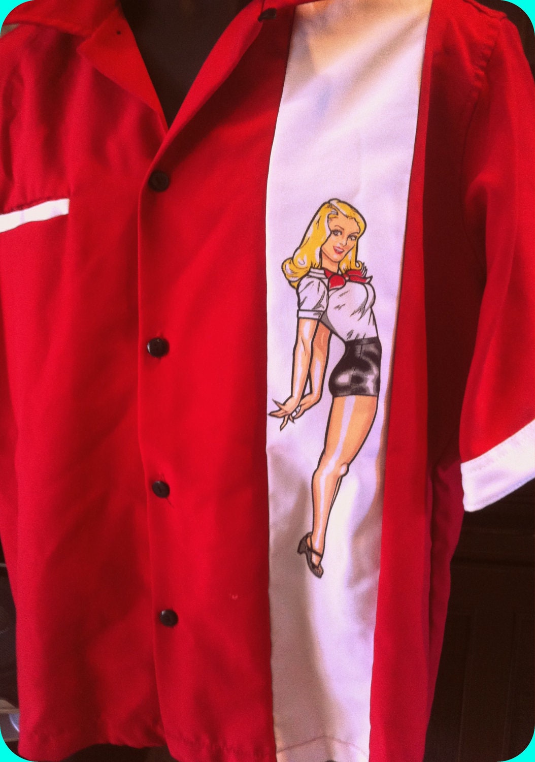 Retro pin up girl mens shirt End Racism Zac Attac Alternative Clothing Vintage Red Shirt with Blonde Pin Up Girl Medium