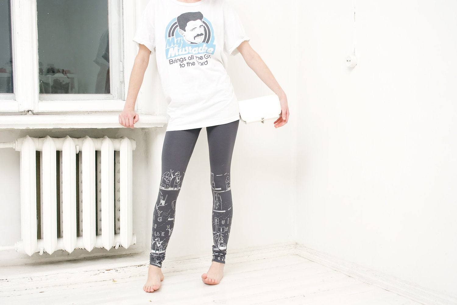 Cruising in the trolley- gray leggings with silver/ white print