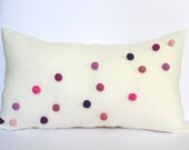 Handmade tuliManna Off White Linen Pillow with Pink Magenta Plum Purple Felt Balls 12x20 Inch Home Decor