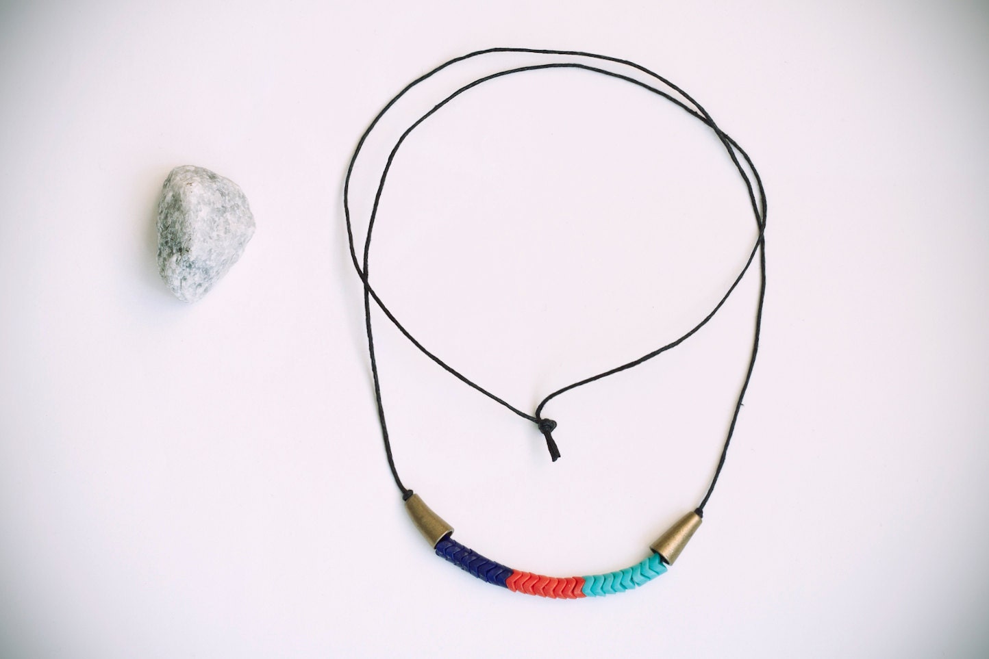 sea green, coral & dark blue glass czech trade beads, long necklace