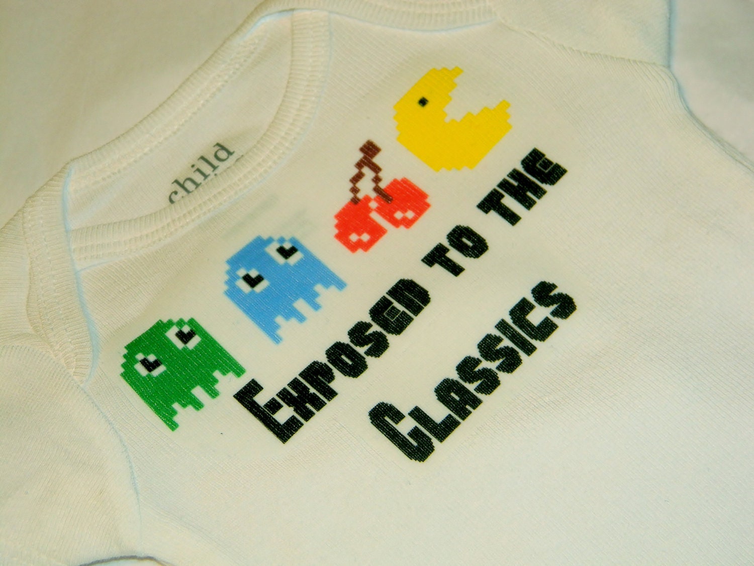 Pac Man Retro Bodysuit. Exposed To The Classics. Baby Geek design. Can Be Customized By Size.