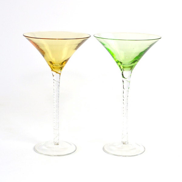 Lime Green & Amber Martini Glasses - Tall Stemware Set with Twisted Style Stems - Vintage Home Kitchen Decor - OneRustyNail