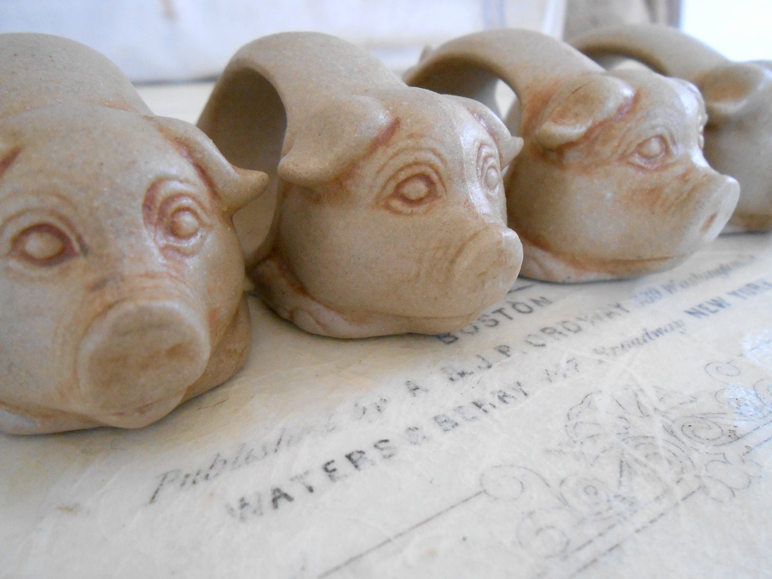 Pig Napkin Rings, Four Little Vintage Piggies Sepia Colored in Stoneware