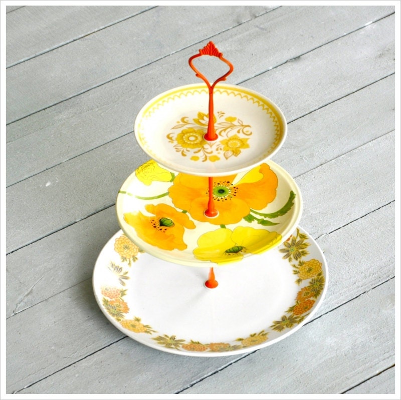 Orange Blossom: Cake Stand, Vintage China Cake Stand, 3 Tier Cake Stand, Orange Yellow White Cake Stand, Flowers