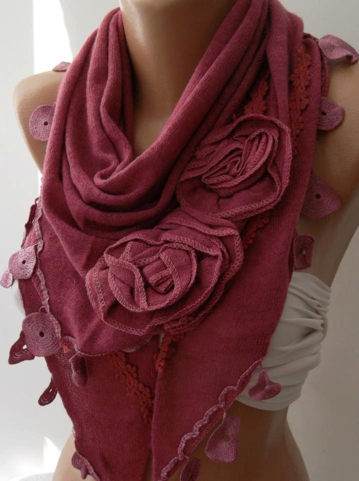 Soft Pink Scarf - Elegant -Roses - Scarf with Lacy Edge
